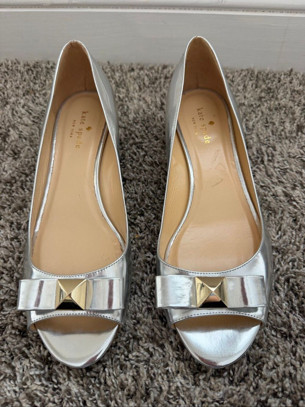 Kate Spade Silver Peep Toe Wedges Size 9